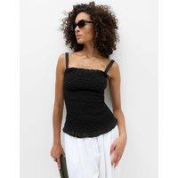 M&S Pure Cotton Shirred Ruffle Detail Top Black