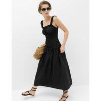 M&S Pure Cotton Shirred Midi Waisted Dress Black
