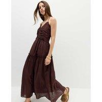 M&S Cotton Rich Ruched Midaxi Waisted Dress Brown