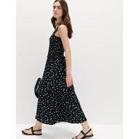 M&S Printed Square Neck Midi Waisted Dress Black Mix