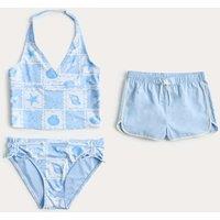 M&S 3 Piece Shell Print Tankini & Shorts Set (6-16 Yrs) Blue Mix
