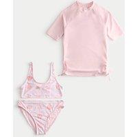 M&S 3 Piece Shell Print Bikini and Rash Vest (6-16 Yrs) Pink