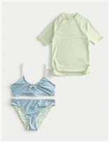 M&S 3 Piece Block Print Bikini and Rash Vest (6-16 Yrs) Lime Mix