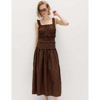 M&S Pure Cotton Shirred Midi Waisted Dress Chocolate