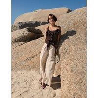 M&S Striped Wide Leg Trousers with Linen Peach Mix