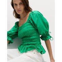 M&S Pure Cotton Shirred Puff Sleeve Top Bright Green