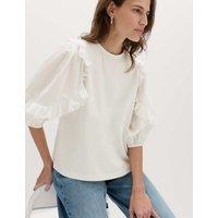 M&S Cotton Rich Ruffle Sleeve Top Soft White