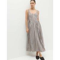 M&S Linen Rich Printed Scoop Neck Corset Dress Brown Mix