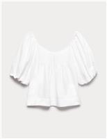 M&S Linen Rich Pleated Puff Sleeve Top White