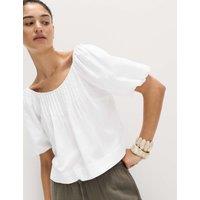 M&S Linen Rich Pleated Puff Sleeve Top White