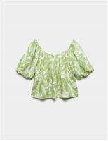 M&S Linen Rich Pleated Puff Sleeve Top Green Mix