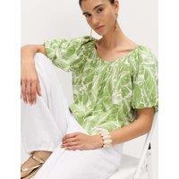 M&S Linen Rich Pleated Puff Sleeve Top Green Mix