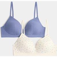 M&S 2 Pack Non Wired Cotton Rich Ribbed First Bras AA-D Blue Mix