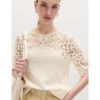 M&S Lace Detail Knitted Top With Cotton Vanilla