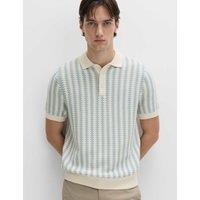 M&S Pure Cotton Textured Striped Knitted Polo Shirt Soft Blue Mix
