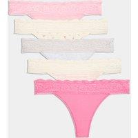 M&S 5pk Cotton & Lace Printed Thongs Pink Mix
