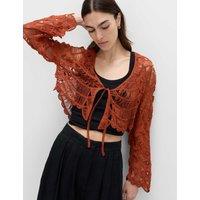 M&S Textured V-Neck Tie Front Cardigan Brandy
