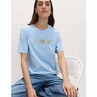 M&S Pure Cotton Embellished T-Shirt Blue Mix