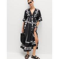 M&S Pure Cotton Printed V-Neck Sheer Kaftan Black Mix