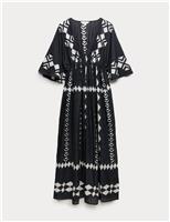 M&S Pure Cotton Printed V-Neck Sheer Kaftan Black Mix