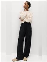 M&S Drawstring Wide Leg Trousers with Linen Dark Khaki