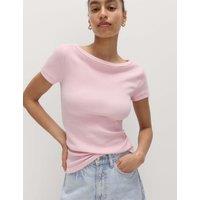 M&S Cotton Rich Ribbed Slash Neck T-Shirt Pink