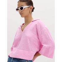 M&S Linen Rich Collared Crop Top Sugar Pink