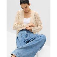 M&S Cotton Blend Open Stitch Relaxed Cropped Cardigan Natural