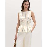 M&S Pure Cotton Striped Shirred Waisted Top White Mix