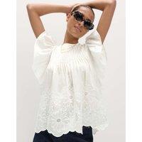M&S Pure Cotton Pintuck Embroidered Top Soft White