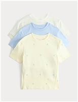 M&S 3 Pack Pure Cotton Floral T-Shirts (2-8 Yrs) Pale Yellow