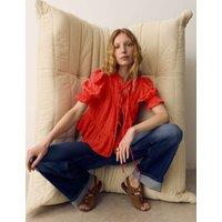 Per Una Cotton Rich Embroidered Yoke Tie Neck Blouse Bright Orange