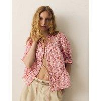 Per Una Cotton Rich Printed Tie Front Blouse Pink Mix