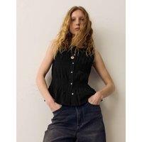 Per Una Pure Cotton Shirred Button Through Top Black