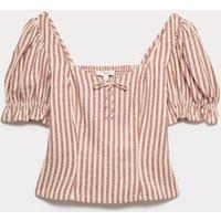 M&S Linen Rich Printed Sweetheart Neck Top Brown Mix