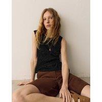 Per Una Pure Cotton Crew Neck Shirred Front Top Black