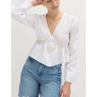 M&S Pure Linen V-Neck Peplum Top White