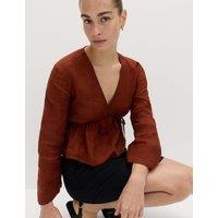 M&S Pure Linen V-Neck Peplum Top Brandy