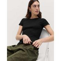 M&S Cotton Rich Ribbed Lettuce Edge T-Shirt Black