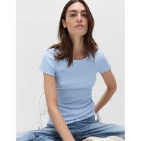 M&S Cotton Rich Ribbed Lettuce Edge T-Shirt Light Wedgewood
