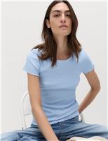 M&S Cotton Rich Ribbed Lettuce Edge T-Shirt Light Wedgewood