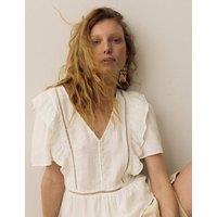 Per Una Double Cloth Floral Insert Ruffle Blouse Soft White