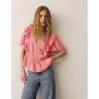 Per Una Double Cloth Floral Insert Ruffle Blouse Coral