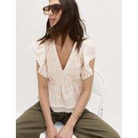 M&S Pure Cotton Ruffle Embroidered Detail Blouse Peach Mix