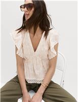 M&S Pure Cotton Ruffle Embroidered Detail Blouse Peach Mix