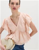 Pure Cotton Ruffle Embroidered Detail Blouse