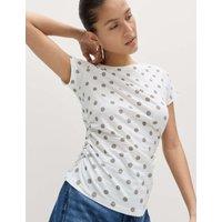 M&S Pure Cotton Slim Fit Ruched T-Shirt Ivory Mix