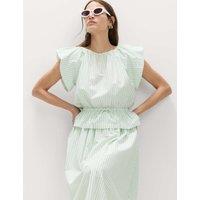 M&S Pure Cotton Striped Puff Sleeve Drawstring Top Green Mix