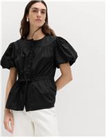 M&S Pure Cotton Puff Sleeve Drawstring Waisted Top Black