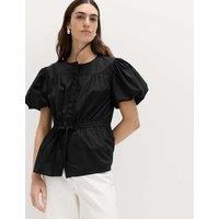 M&S Pure Cotton Puff Sleeve Drawstring Waisted Top Black
